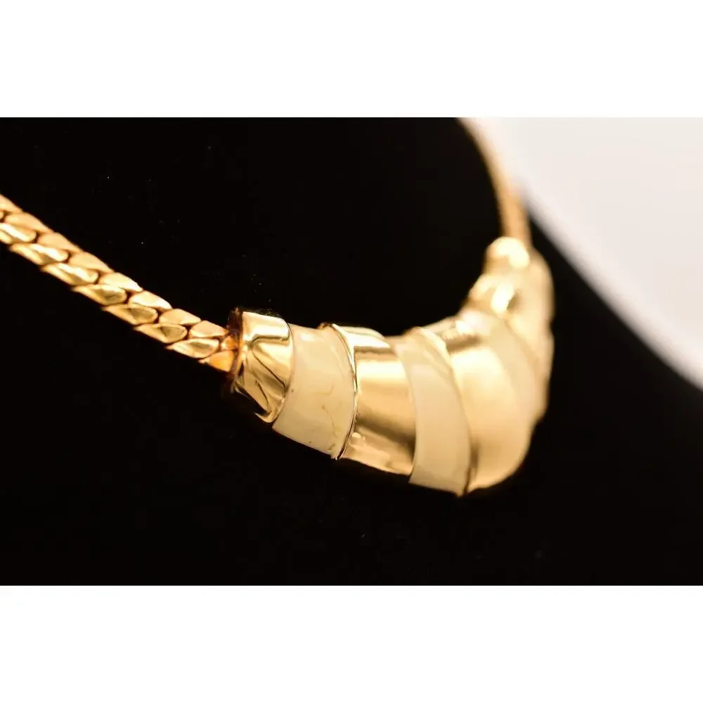 Napier Vintage Collar Necklace Off White Enamel Gold Tone Chain Signed 80s BinBE
